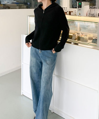 ハイネックフード付き ダブルジップ無地カーディガン