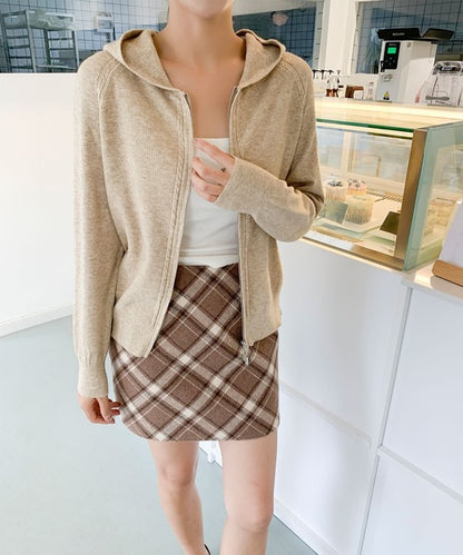 ハイネックフード付き ダブルジップ無地カーディガン