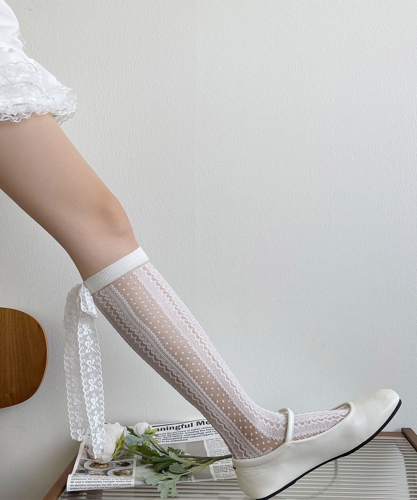 【HOOK】for girls ガーリーストリート レースリボン透け感ロングソックス