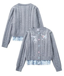 HOOK for girls　刺繍リボン ケーブルニットカーディガン 裾チェック切替 レイヤード風