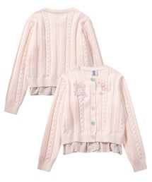 HOOK for girls　刺繍リボン ケーブルニットカーディガン 裾チェック切替 レイヤード風