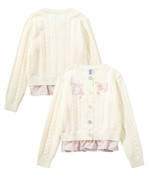 HOOK for girls　刺繍リボン ケーブルニットカーディガン 裾チェック切替 レイヤード風