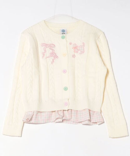 HOOK for girls　刺繍リボン ケーブルニットカーディガン 裾チェック切替 レイヤード風