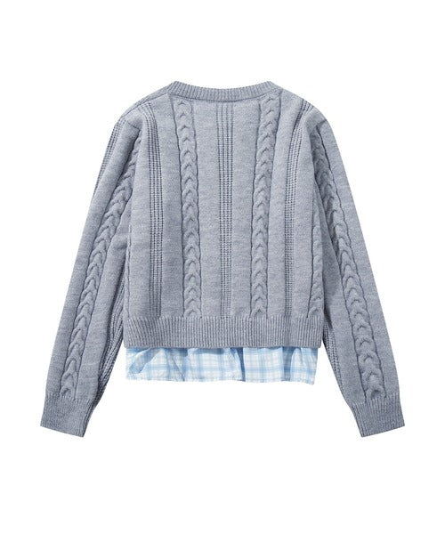 HOOK for girls　刺繍リボン ケーブルニットカーディガン 裾チェック切替 レイヤード風
