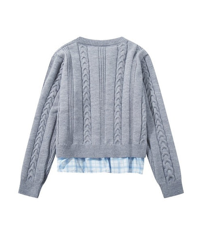 HOOK for girls　刺繍リボン ケーブルニットカーディガン 裾チェック切替 レイヤード風