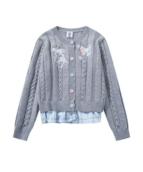 HOOK for girls　刺繍リボン ケーブルニットカーディガン 裾チェック切替 レイヤード風