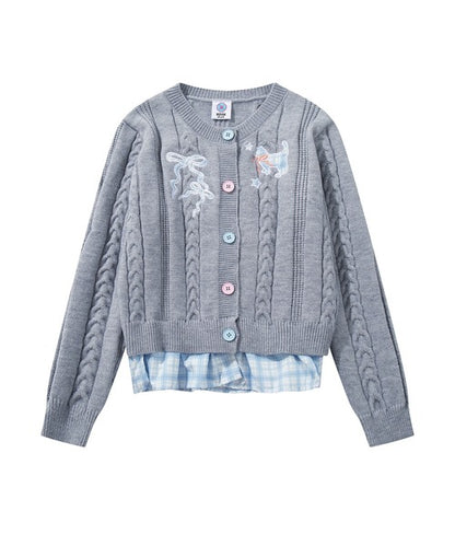 HOOK for girls　刺繍リボン ケーブルニットカーディガン 裾チェック切替 レイヤード風