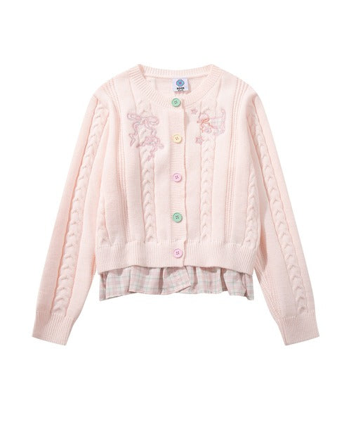 HOOK for girls　刺繍リボン ケーブルニットカーディガン 裾チェック切替 レイヤード風