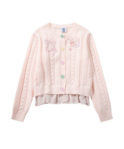 HOOK for girls　刺繍リボン ケーブルニットカーディガン 裾チェック切替 レイヤード風