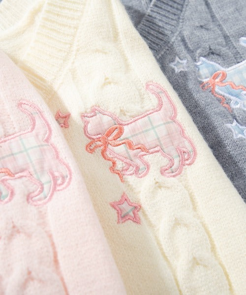 HOOK for girls　刺繍リボン ケーブルニットカーディガン 裾チェック切替 レイヤード風