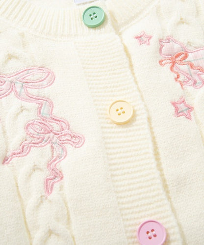 HOOK for girls　刺繍リボン ケーブルニットカーディガン 裾チェック切替 レイヤード風