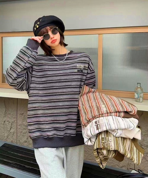 オーバーシルエット マルチボーダー プルオーバー