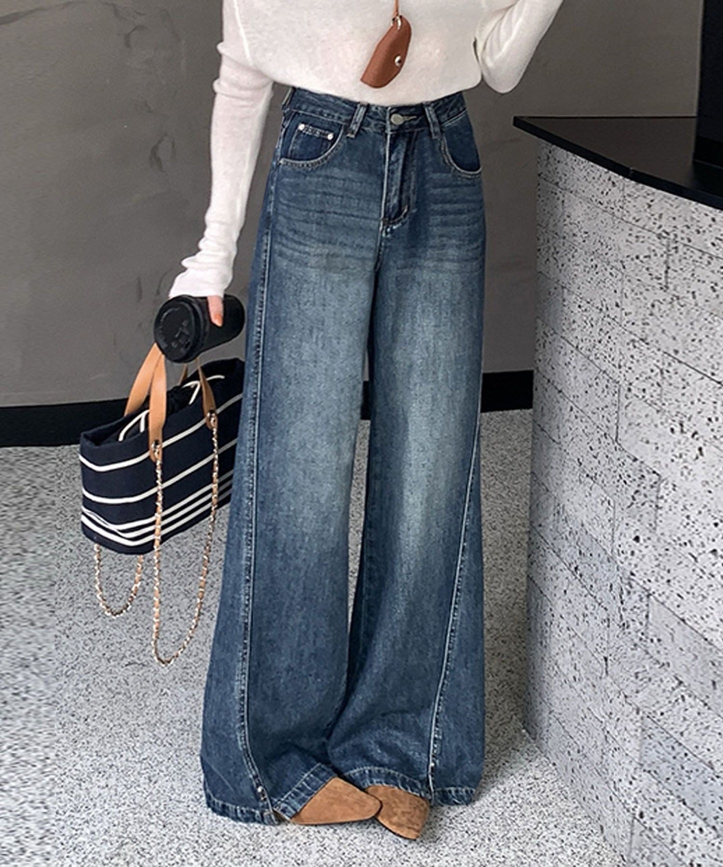 斜め切替スリット ワイドデニムパンツ