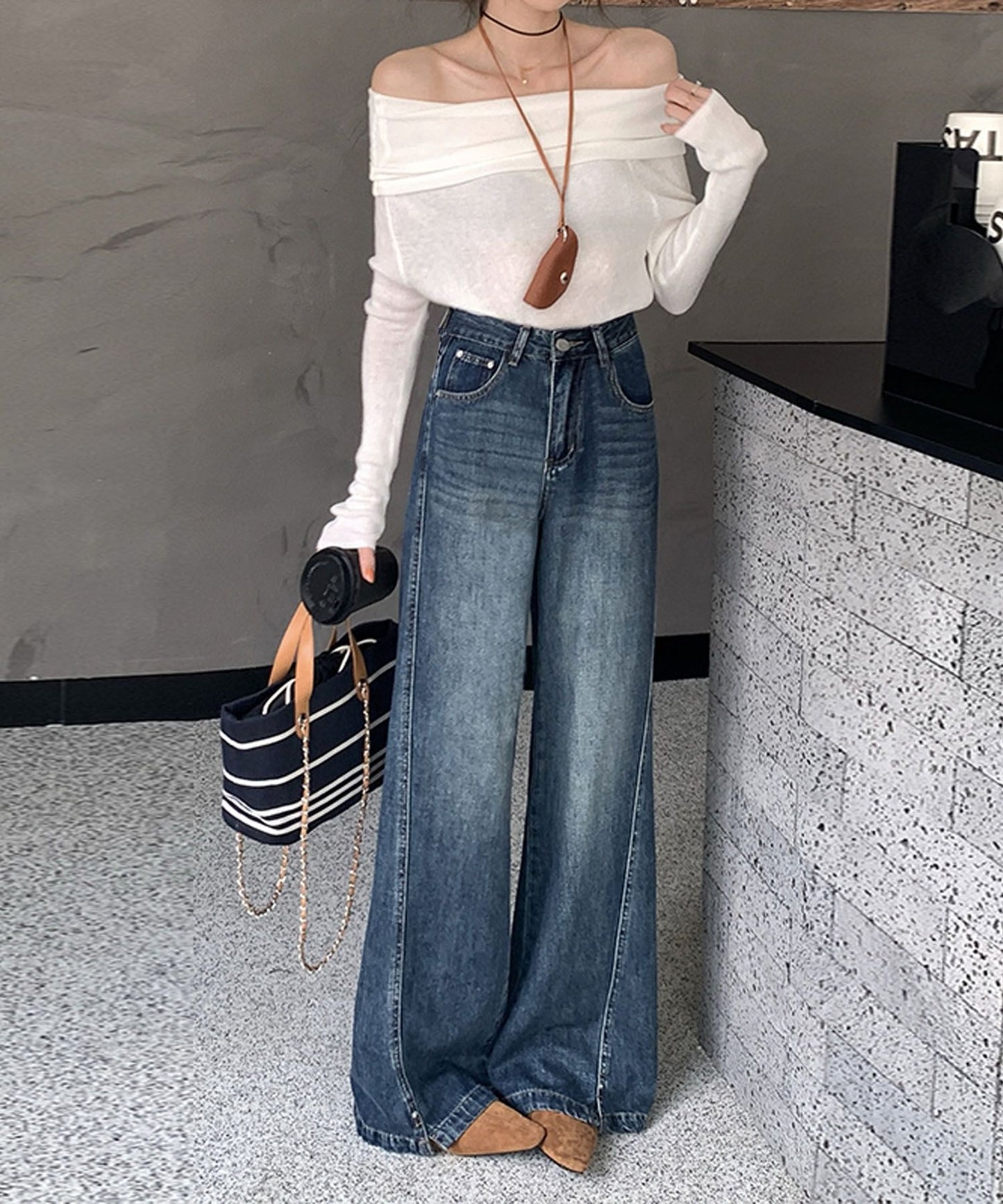 斜め切替スリット ワイドデニムパンツ