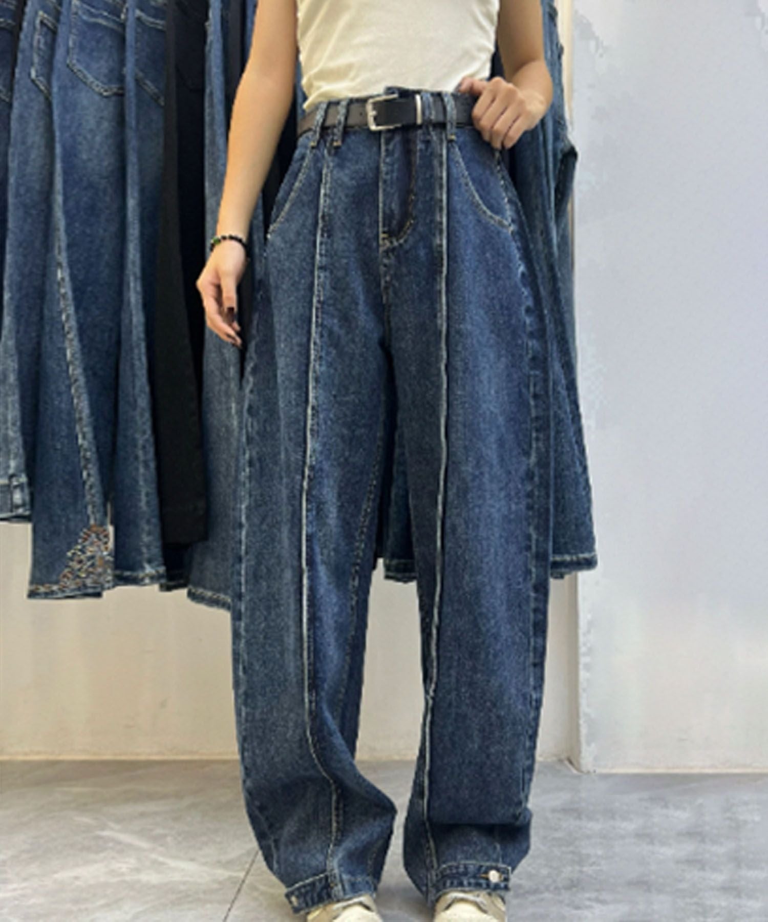 Wide-Leg Denim Cargo Pants with Hem Belt