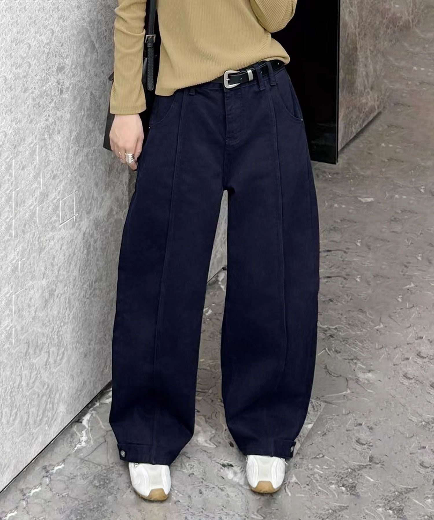 Wide-Leg Denim Cargo Pants with Hem Belt