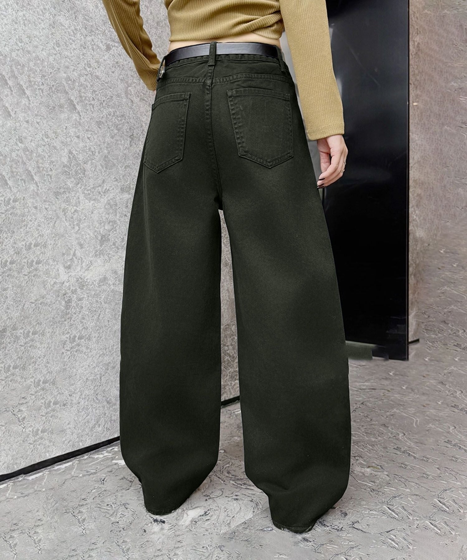 Wide-Leg Denim Cargo Pants with Hem Belt
