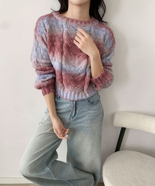 グラデーションケーブル編みニットプルオーバー
