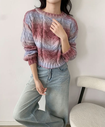グラデーションケーブル編みニットプルオーバー