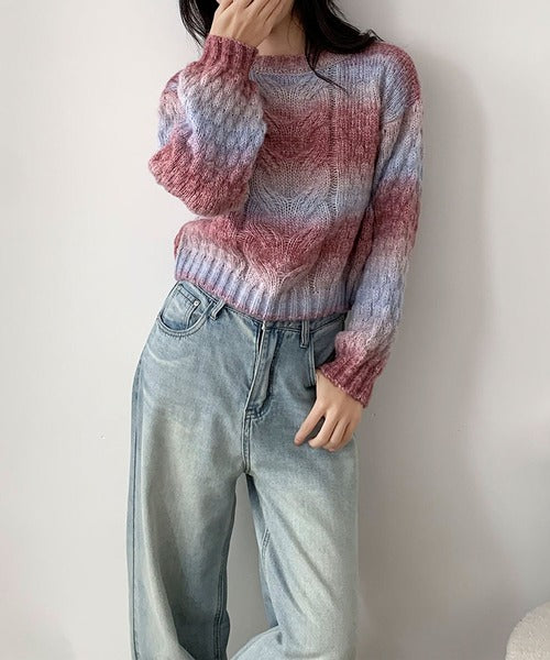 グラデーションケーブル編みニットプルオーバー
