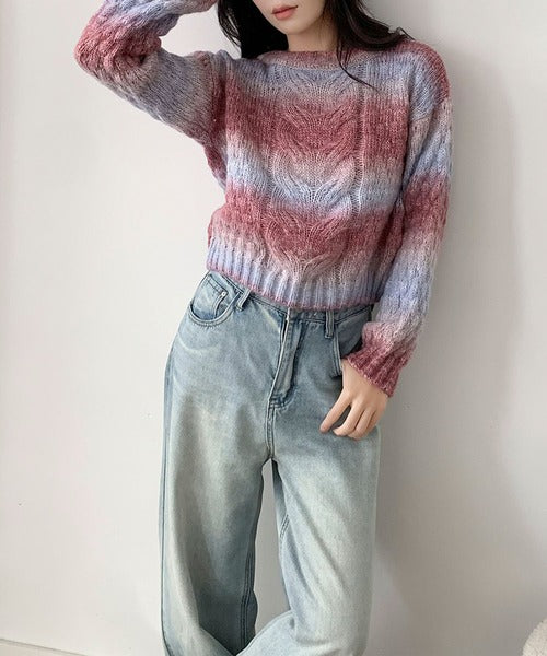 グラデーションケーブル編みニットプルオーバー