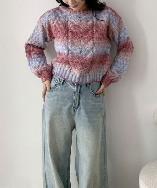 グラデーションケーブル編みニットプルオーバー