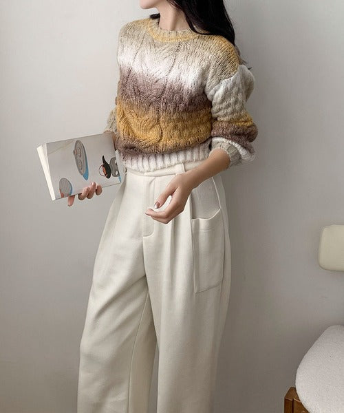 グラデーションケーブル編みニットプルオーバー