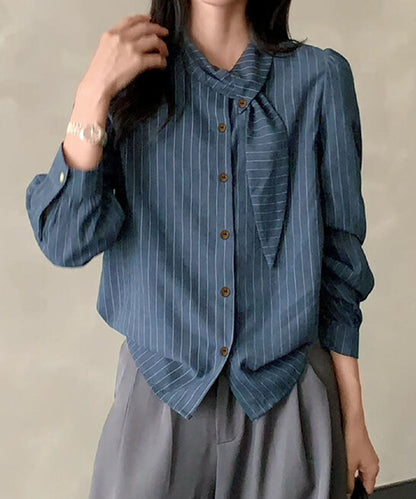 フェミニンリボンストライプシャツブラウス