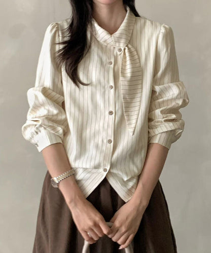 フェミニンリボンストライプシャツブラウス