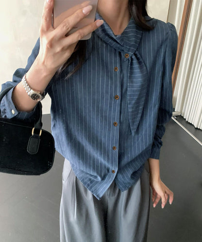 フェミニンリボンストライプシャツブラウス