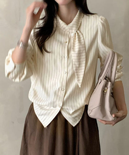 フェミニンリボンストライプシャツブラウス
