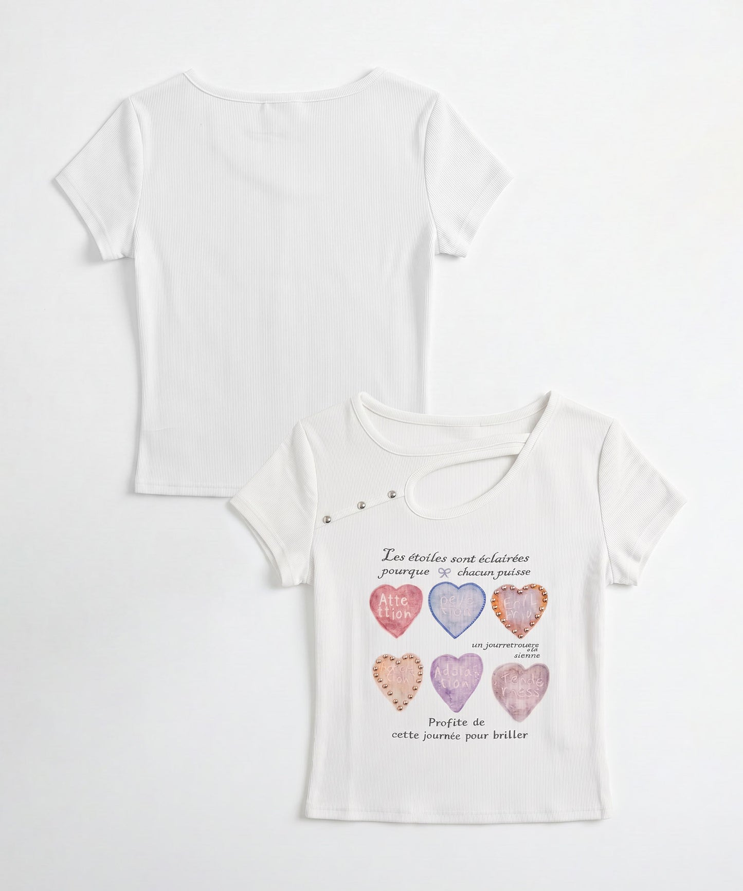 HOOK for girls 胸元デザイン × ハートスタッズプリント　クロップド 半袖 Tシャツ