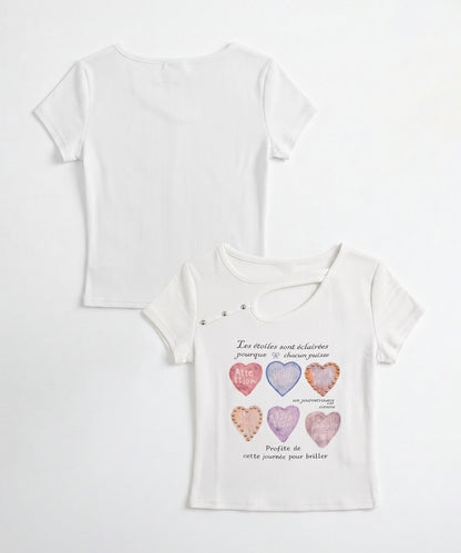 HOOK for girls 胸元デザイン × ハートスタッズプリント　クロップド 半袖 Tシャツ