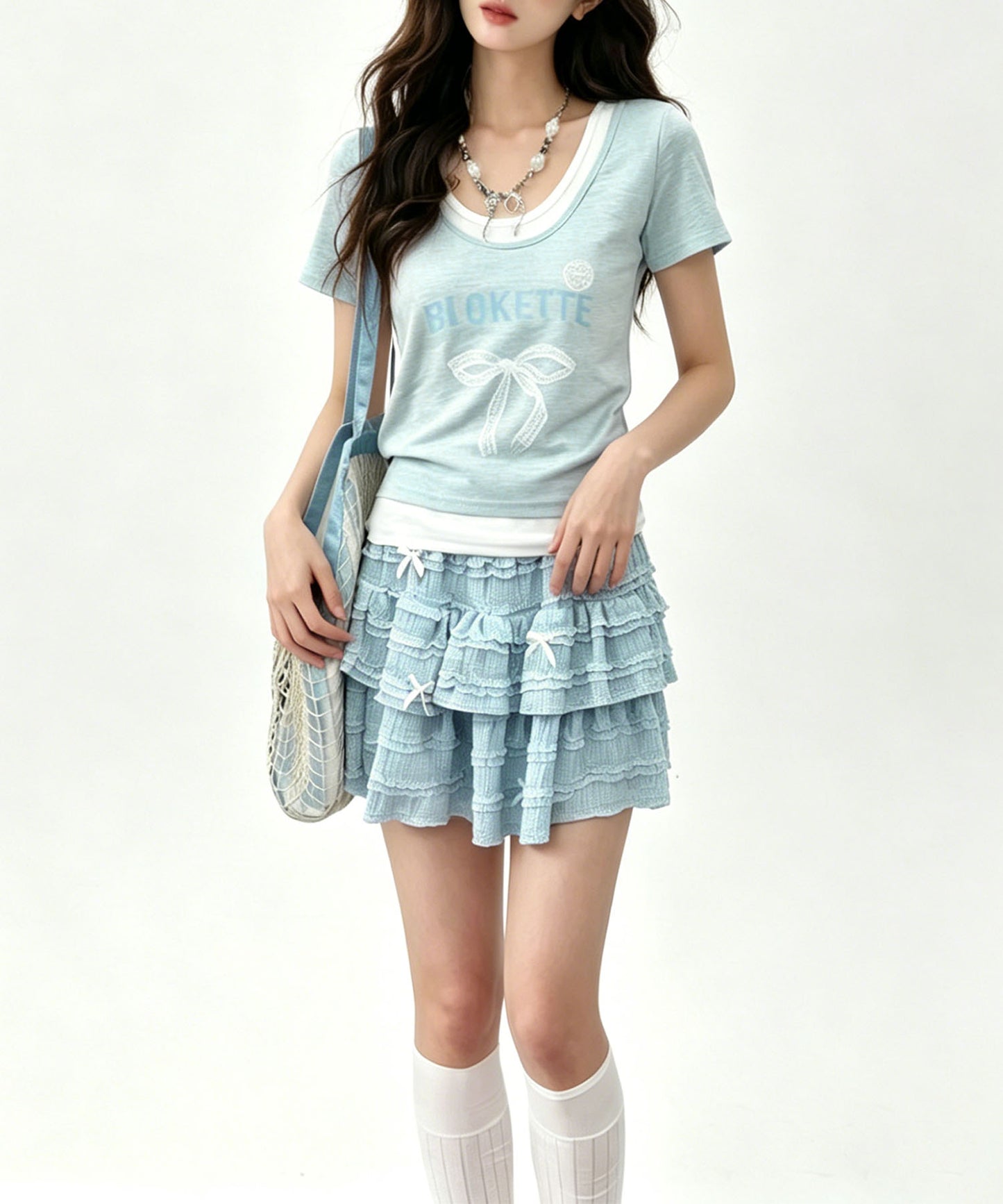 HOOK for girls　リボンロゴプリント レイヤード風UネックTシャツ