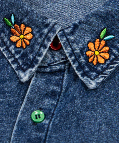 HOOK フラワーポット刺繍 × カラーボタン デニムシャツ ビッグシルエット