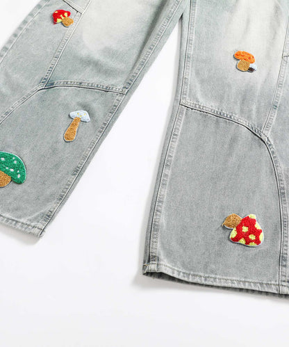 HOOK マッシュルーム刺繍 バレルレッグデニム　チェックベルト付き