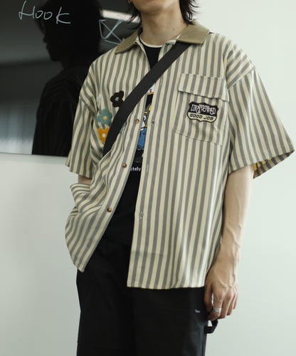 [HOOK] Retro style patch stripe big shirt