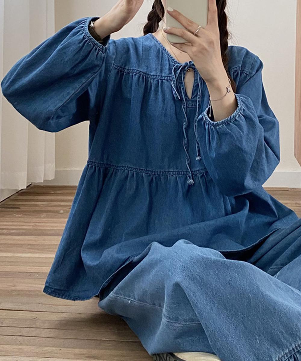デニムティアードリボンブラウス