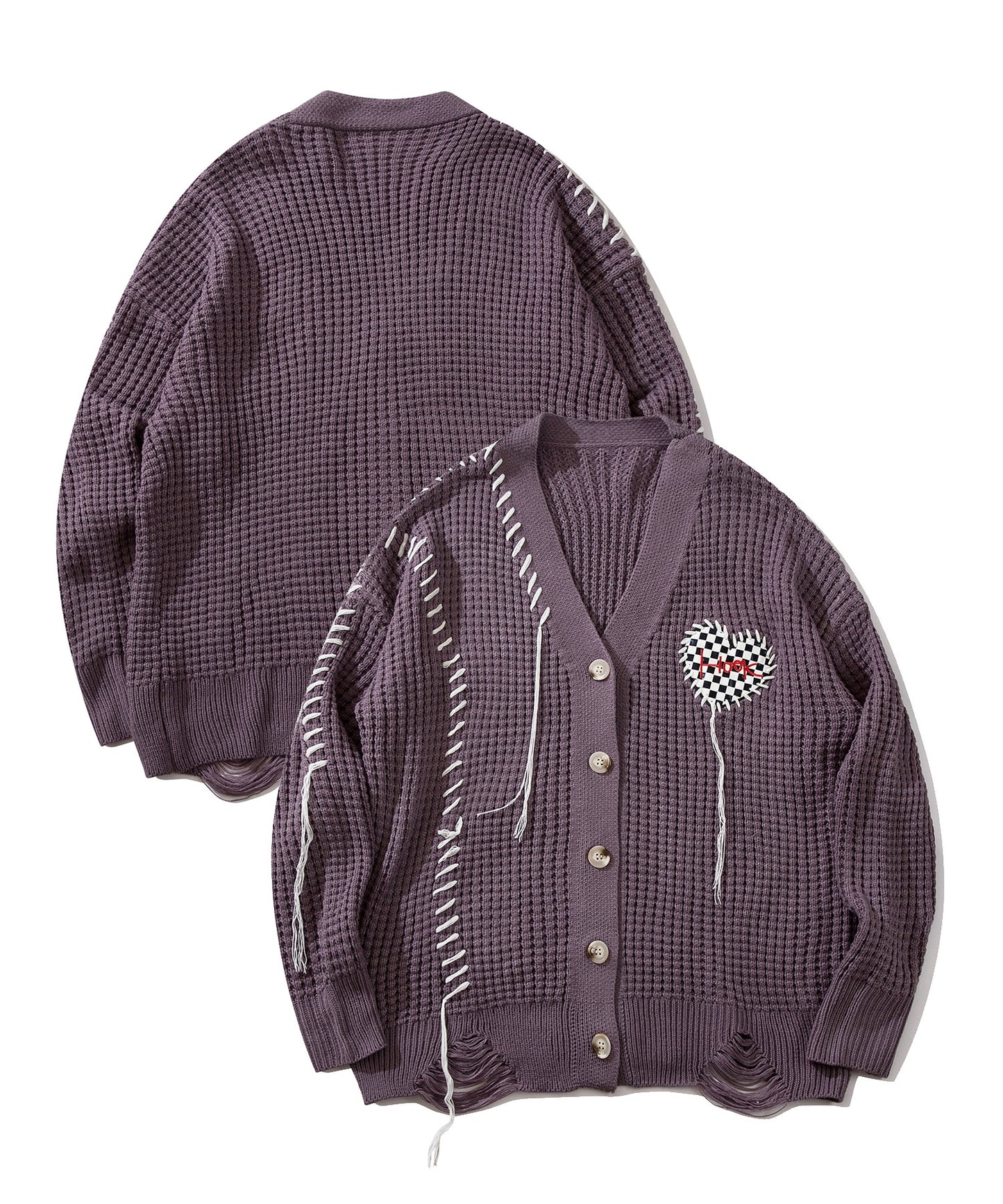 [HOOK -original-] Block check heart patch waffle knit crazy stitch V neck cardigan