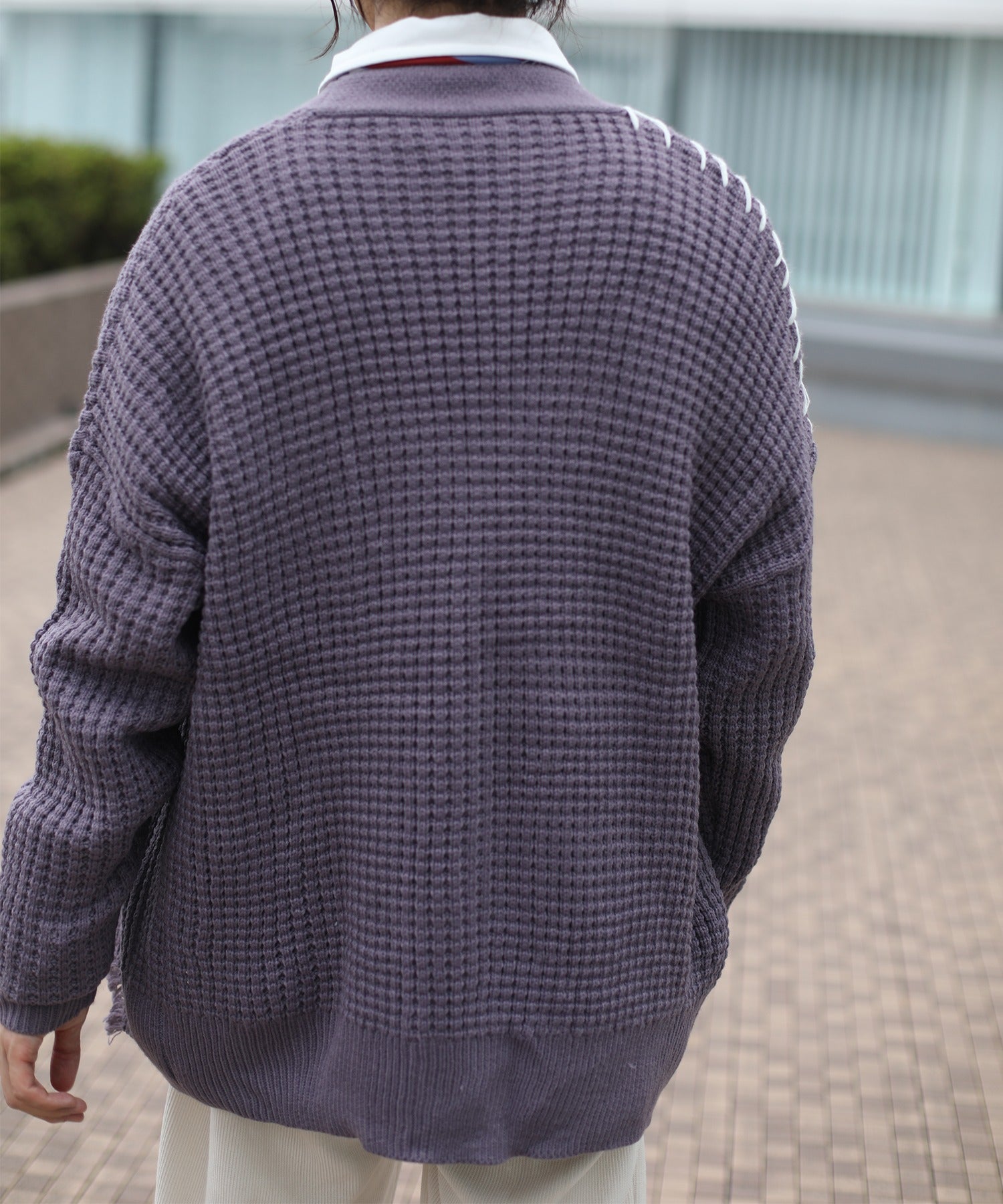 [HOOK -original-] Block check heart patch waffle knit crazy stitch V neck cardigan