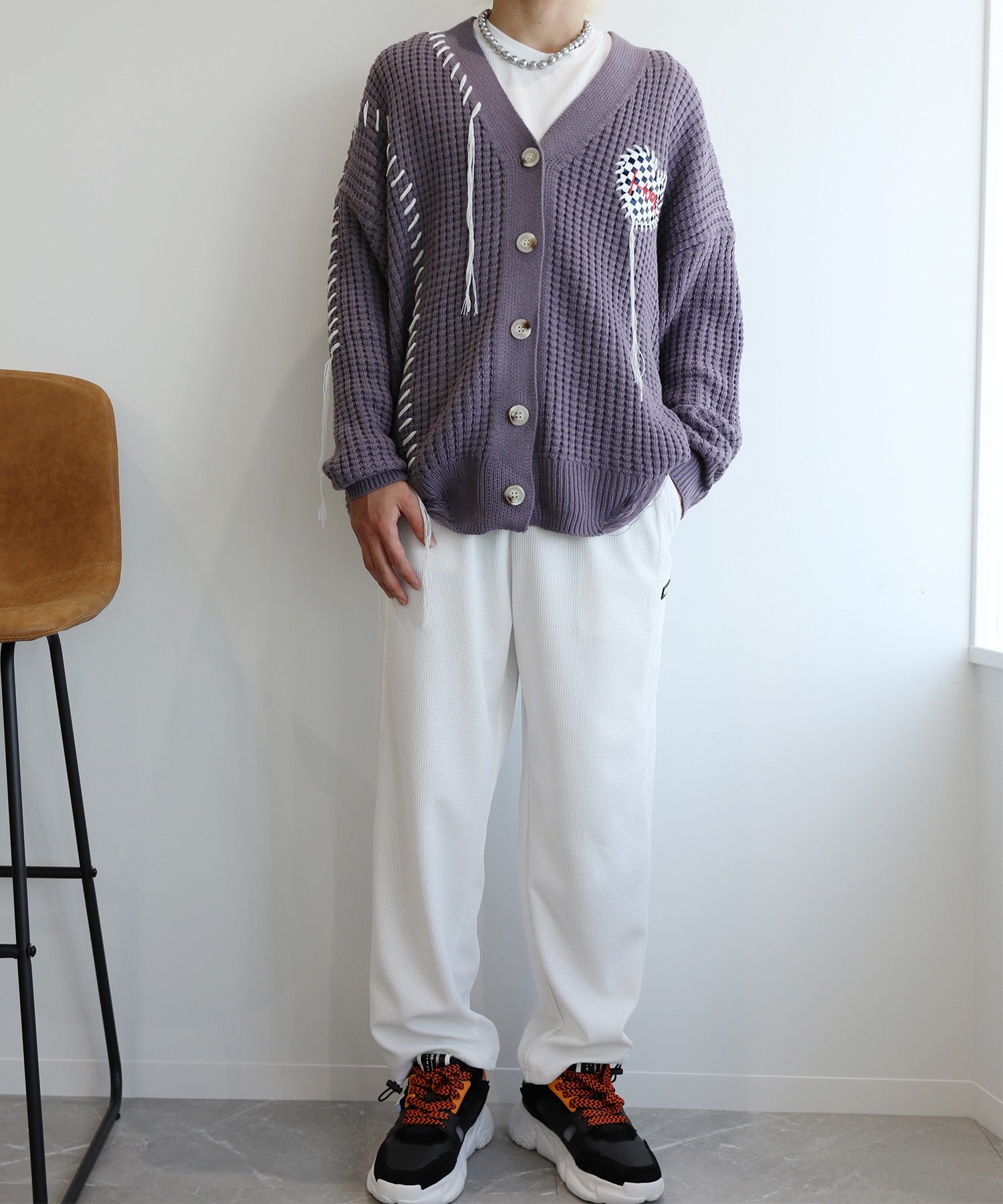 [HOOK -original-] Block check heart patch waffle knit crazy stitch V neck cardigan