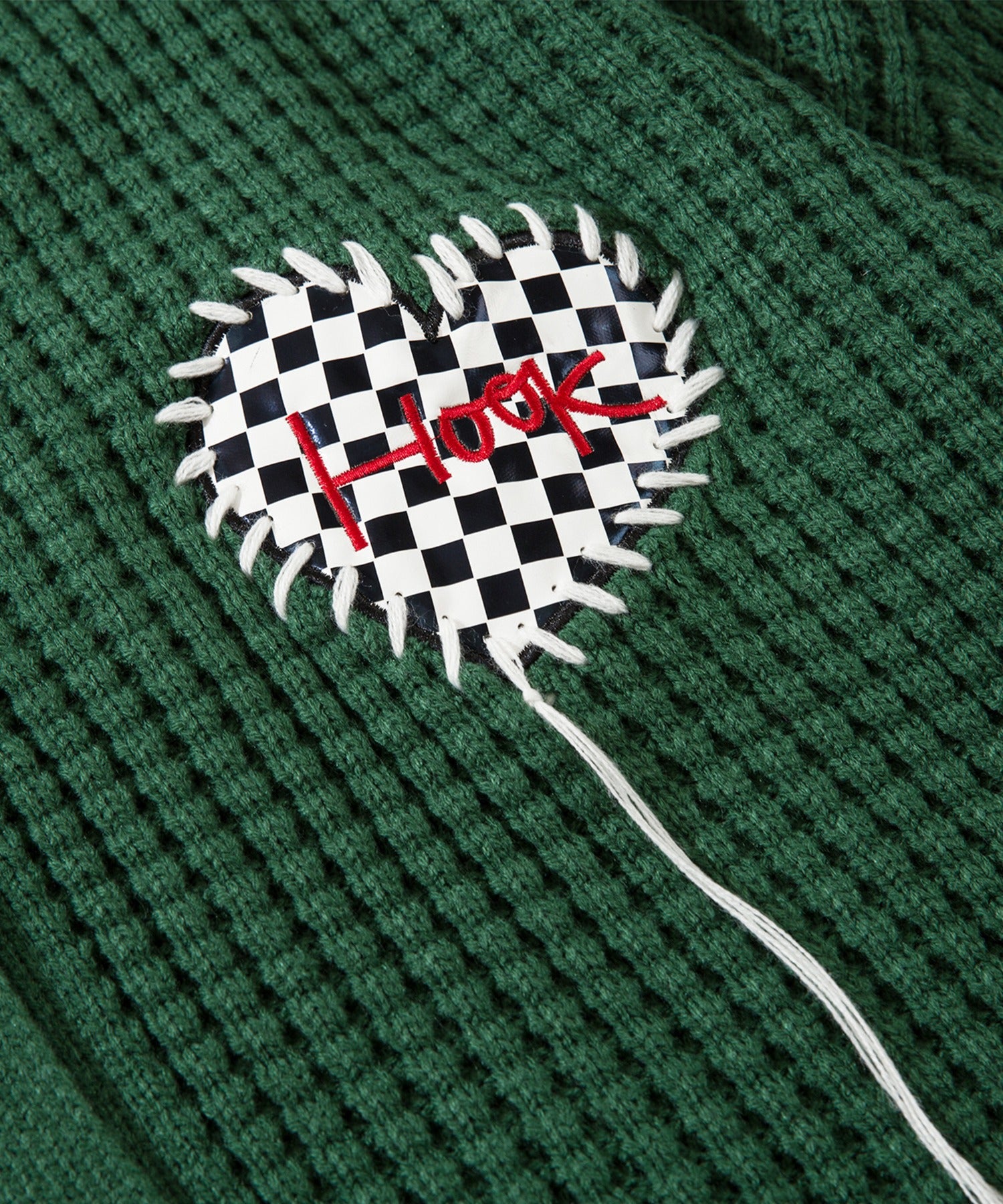 [HOOK -original-] Block check heart patch waffle knit crazy stitch V neck cardigan