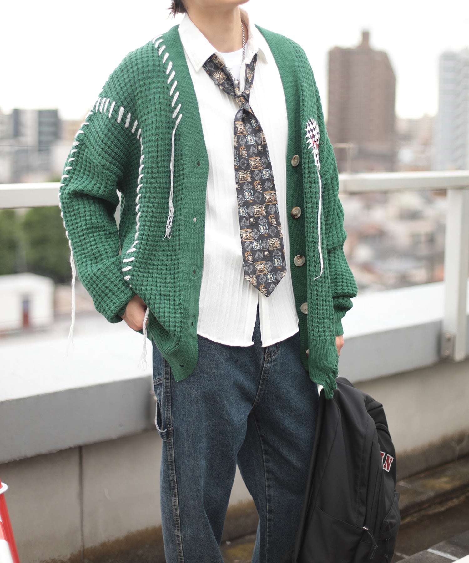 [HOOK -original-] Block check heart patch waffle knit crazy stitch V neck cardigan