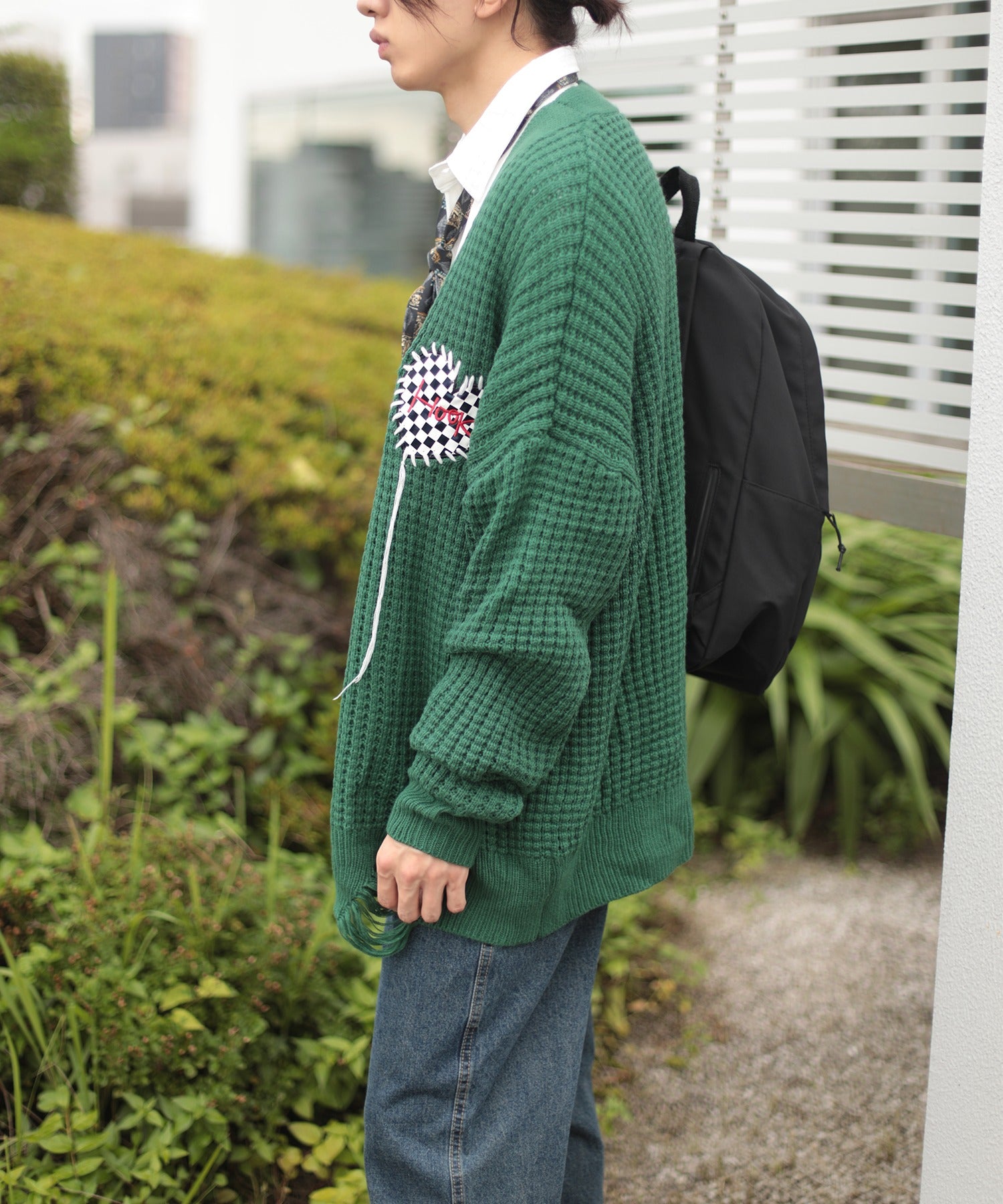 [HOOK -original-] Block check heart patch waffle knit crazy stitch V neck cardigan