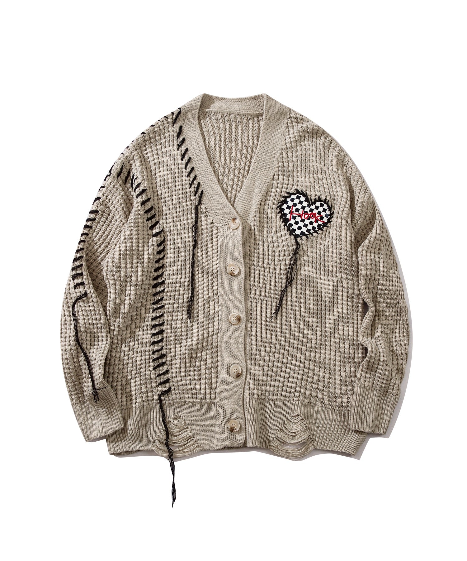 [HOOK -original-] Block check heart patch waffle knit crazy stitch V neck cardigan