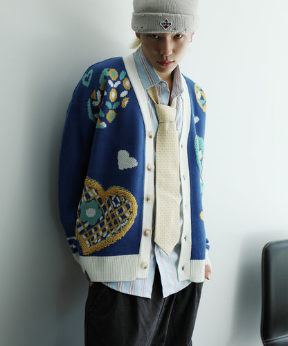 [HOOK -original-] Retro-style Sagara embroidery heart pattern V-neck cardigan