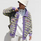 [HOOK -original-] Block check patch embroidery polo collar shaggy knit cardigan