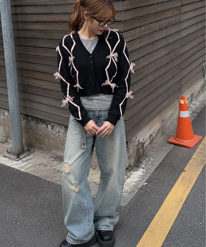 【HOOK】for　girls　リボン付きカーディガン　ショット丈
