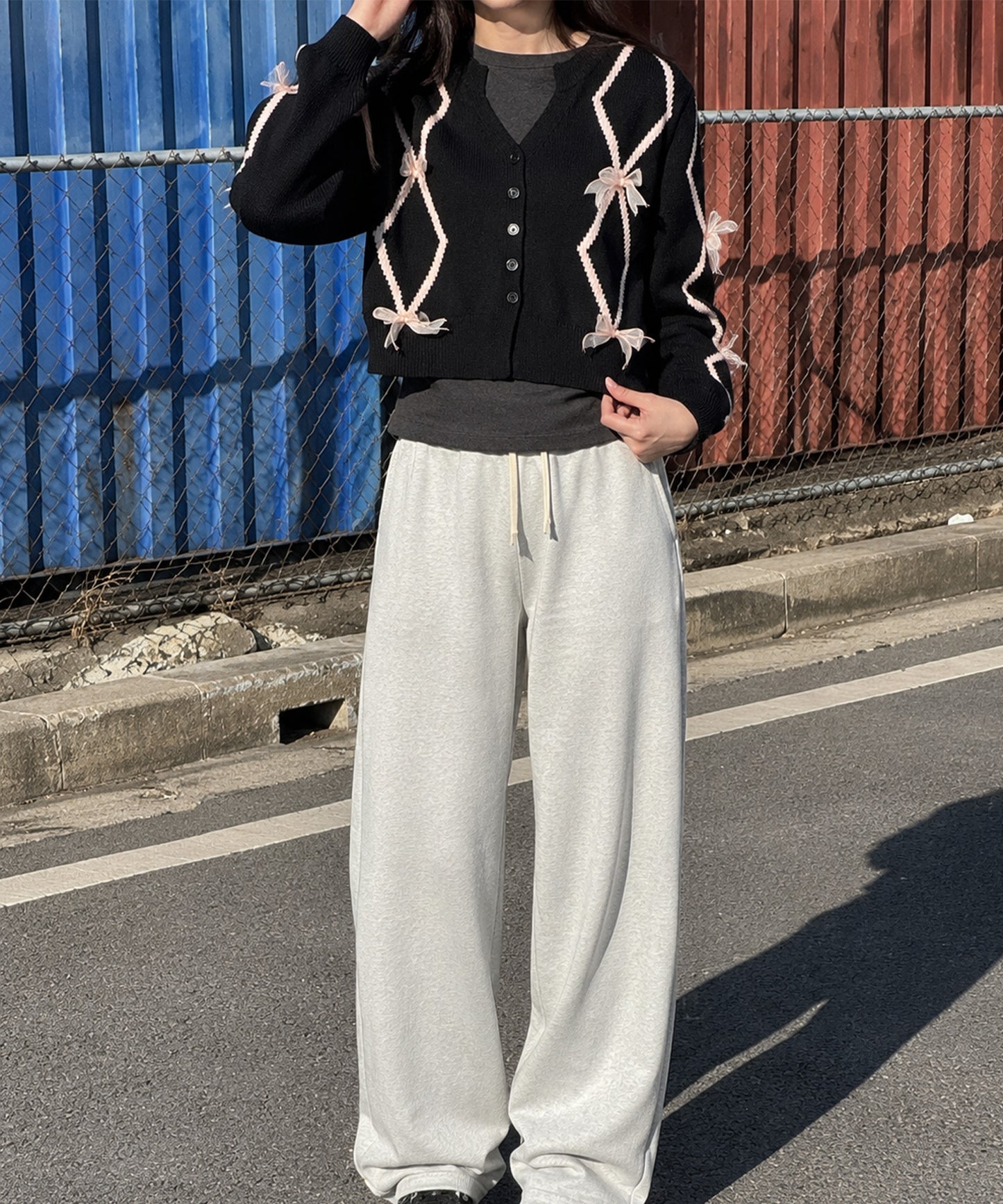 【HOOK】for　girls　リボン付きカーディガン　ショット丈