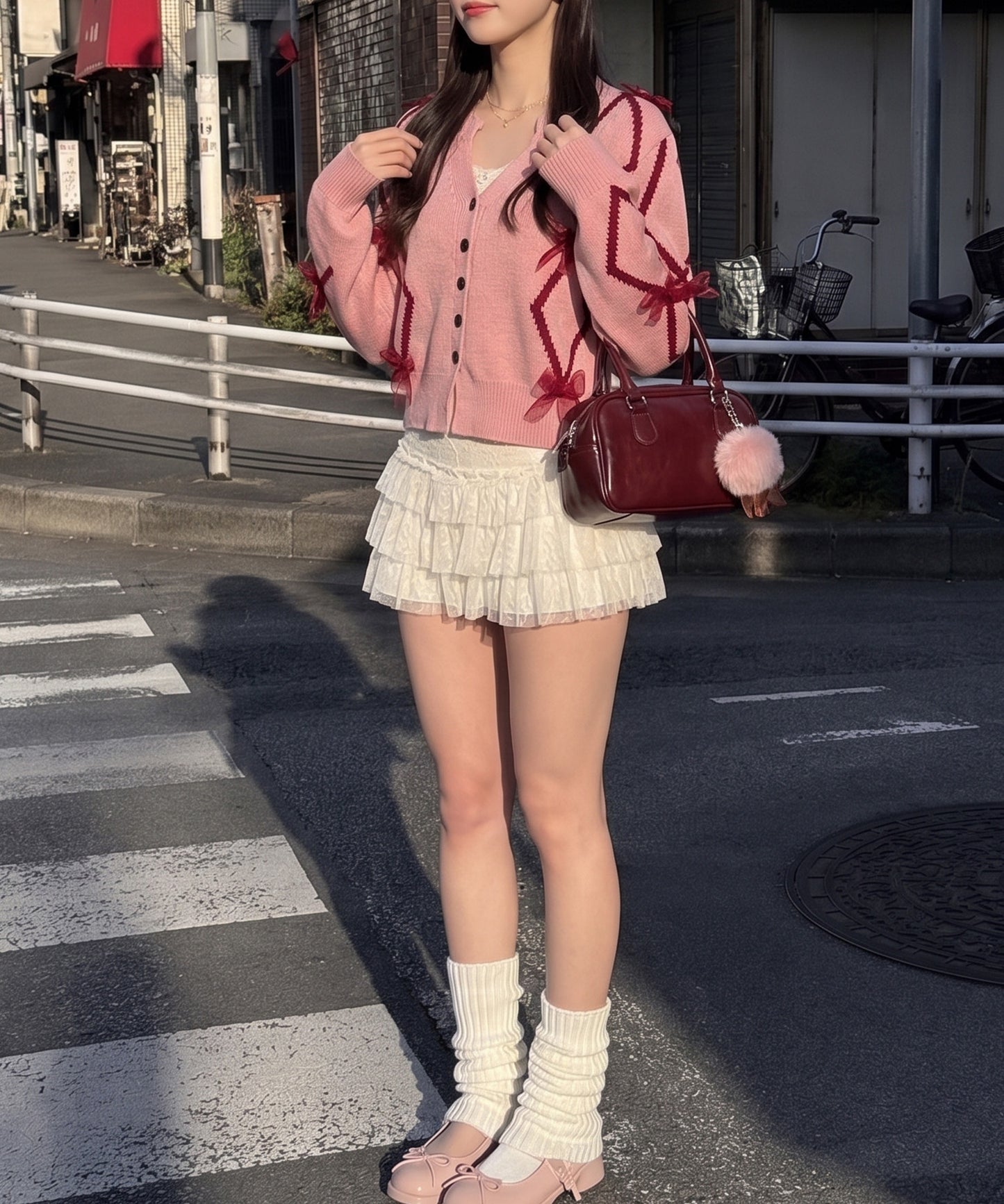 【HOOK】for　girls　リボン付きカーディガン　ショット丈